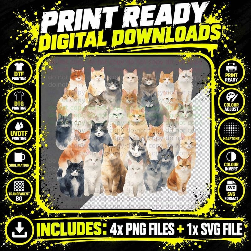 Watercolor Cats in Rows Cat T-Shirt, Cat Graphic Tee Png SVG Digital Bundle