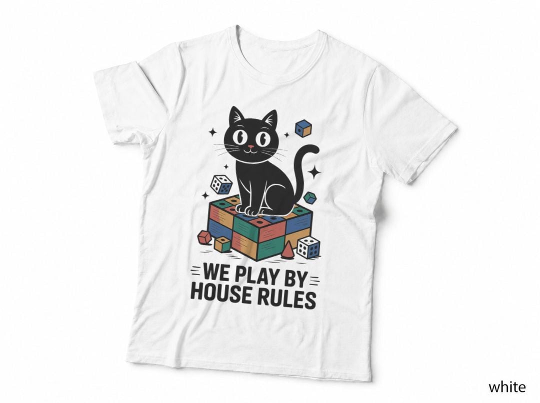 We Play by House Rules Cat T-Shirt, Black Cat on Rubik's Cube with Dice Graphic