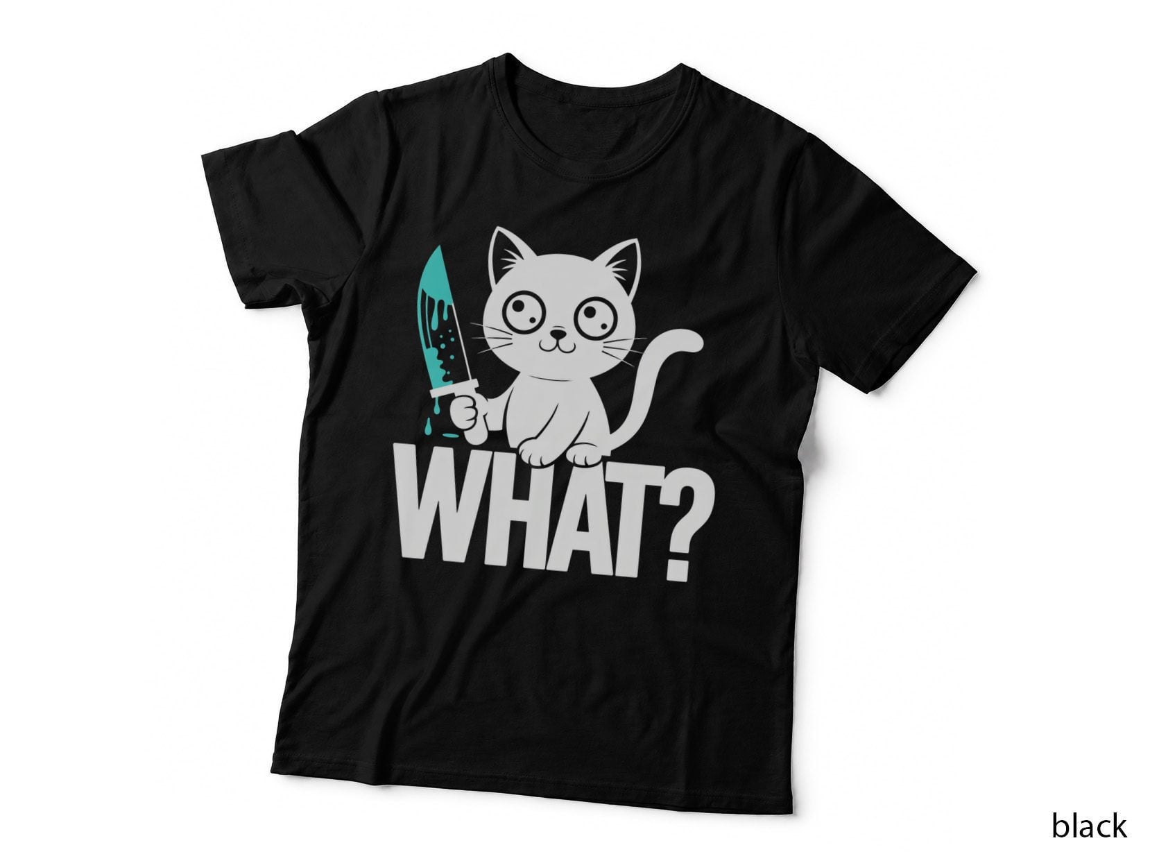 What Cat T-Shirt, Black Cat Holding Knife Graphic Tee, Cute Cat Shirt