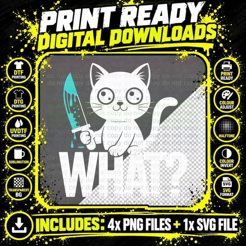 What Cat T-Shirt, Black Cat Holding Knife Graphic Tee Png SVG Digital Bundle