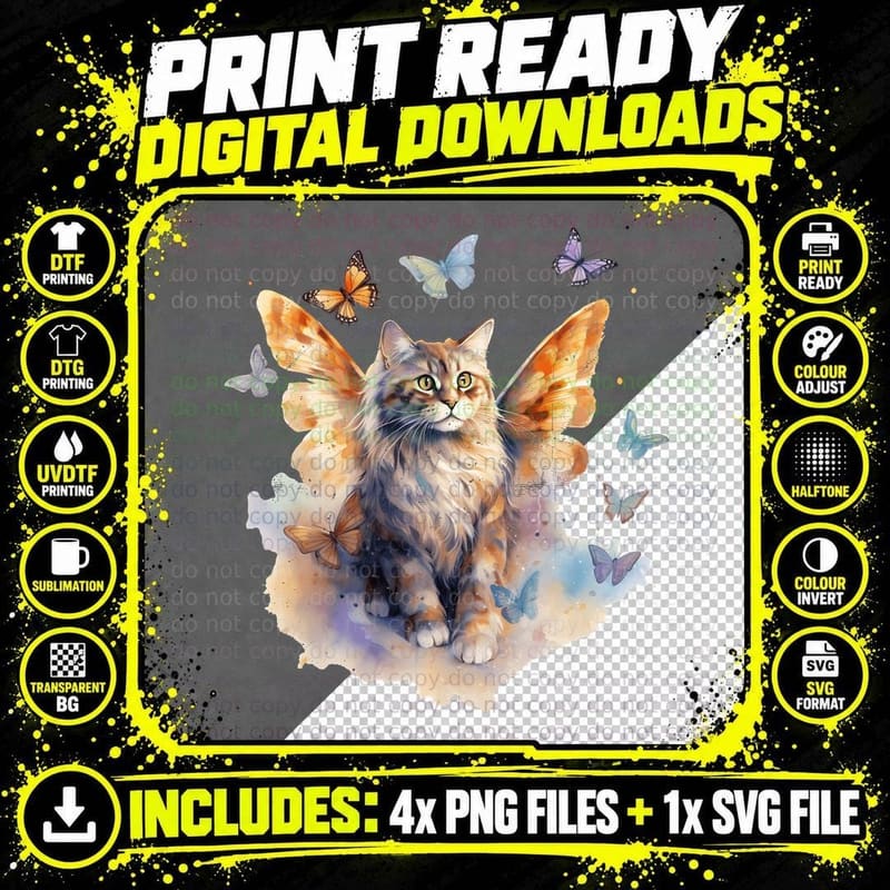 Whimsical Cat with Butterfly Wings Cat T-Shirt Png SVG Digital Bundle