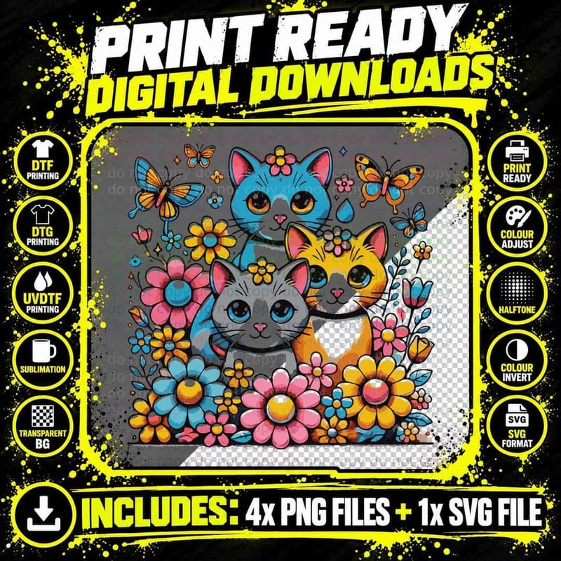 Whimsical Cats in a Flower Garden Cat T-Shirt Png SVG Digital Bundle