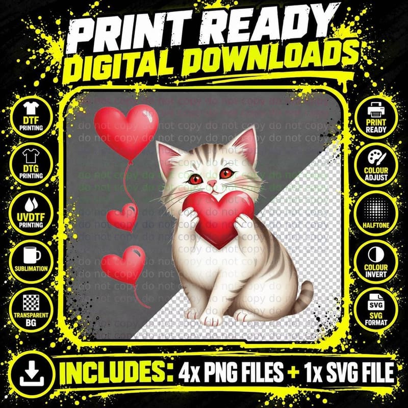 White Cat Heart Balloons Kitten Holding Red Romantic Png SVG Digital Bundle