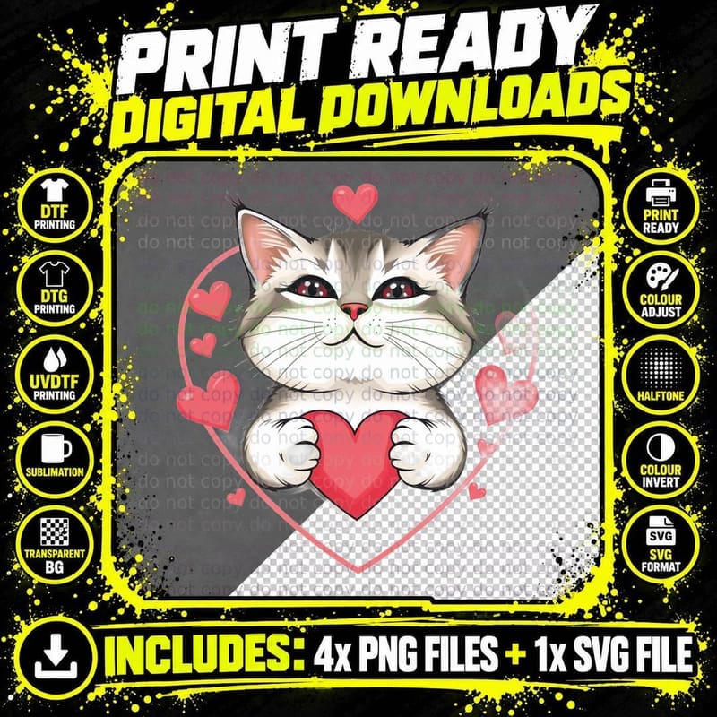 White Cat Large Heart Kitten with Smile Holding Red Png SVG Digital Bundle