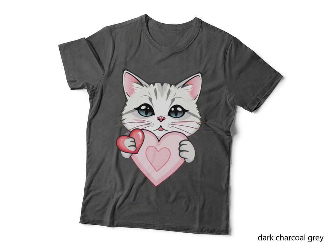 White Cat Pink Hearts Kitten Holding Heart with Blue Eyes T-Shirt