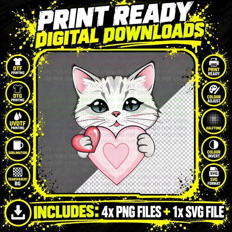 White Cat Pink Hearts Kitten Holding Heart with Blue Png SVG Digital Bundle