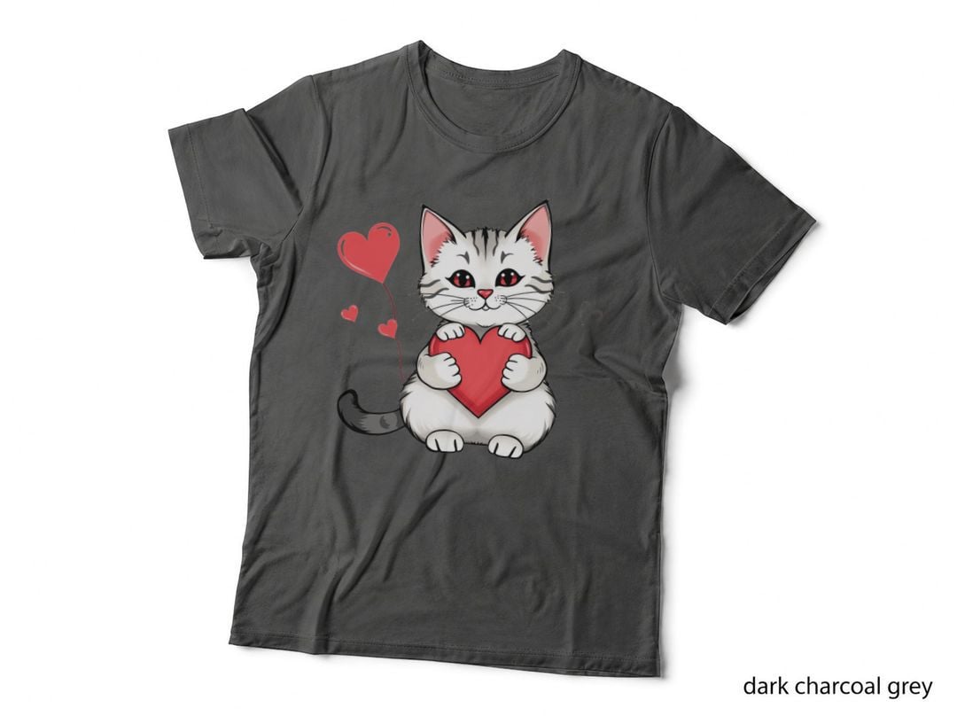 White Cat Red Heart Kitten Holding Large Cute T-Shirt