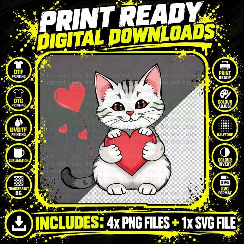 White Cat Red Heart Kitten Holding Large Cute T-Shirt Png SVG Digital Bundle