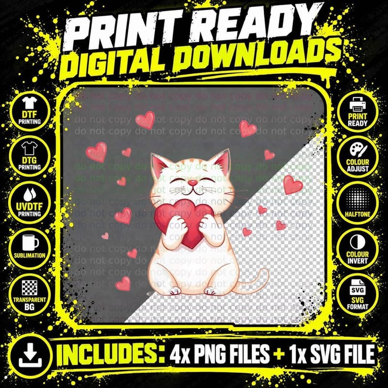 White Cat with Heart Cartoon Kitten Holding Red Png SVG Digital Bundle