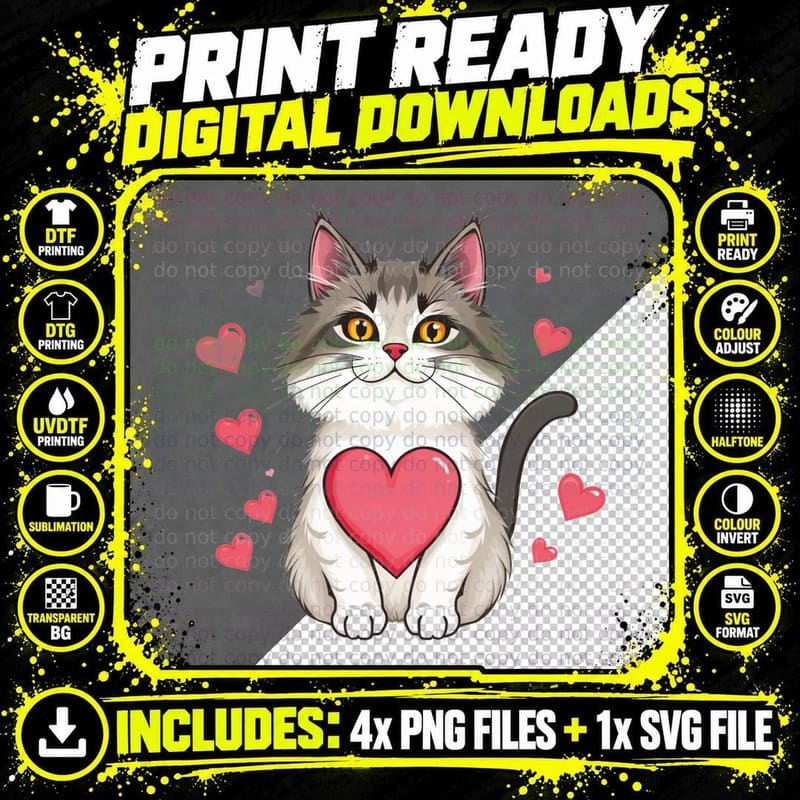 White Fluffy Cat Heart Brown Long-Haired Holding Pink Png SVG Digital Bundle
