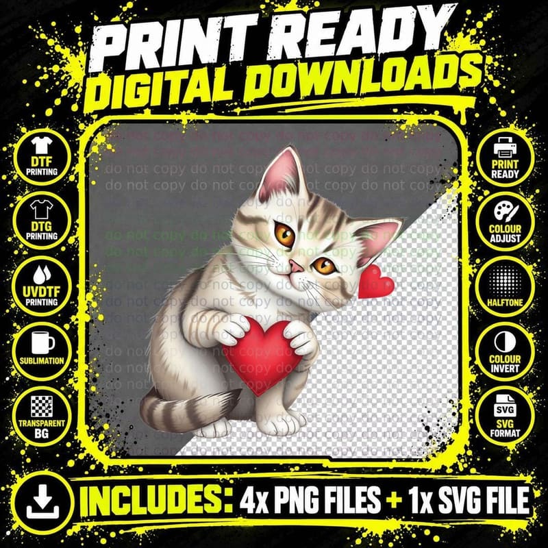 White Kitten Small Heart with Golden Eyes Holding Red Png SVG Digital Bundle