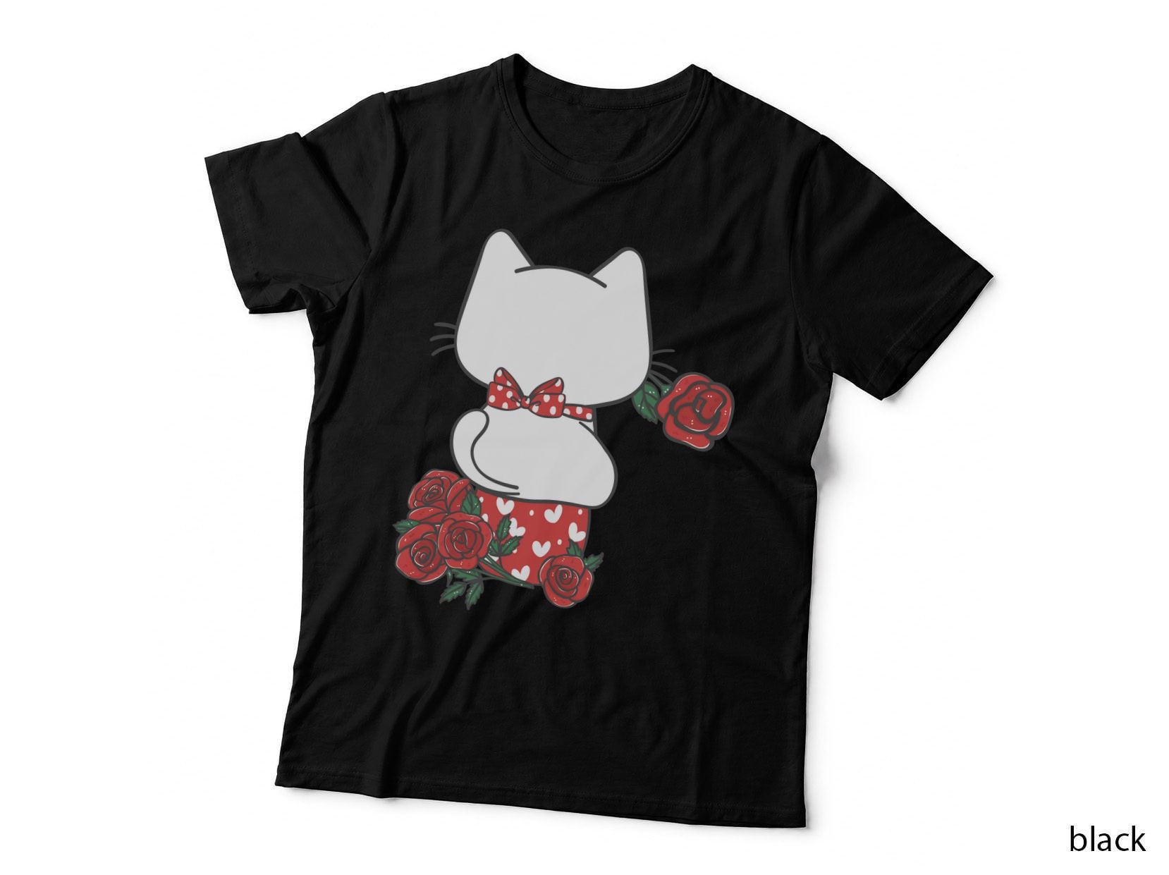 White Maneki-Neko Cat Lucky Rear View Pink Bow Red Roses T-Shirt