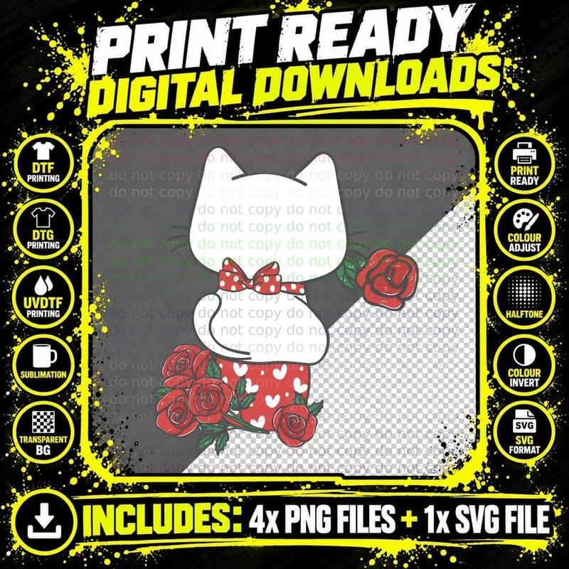 White Maneki-Neko Cat Lucky Rear View Pink Bow Red Roses Png SVG Digital Bundle