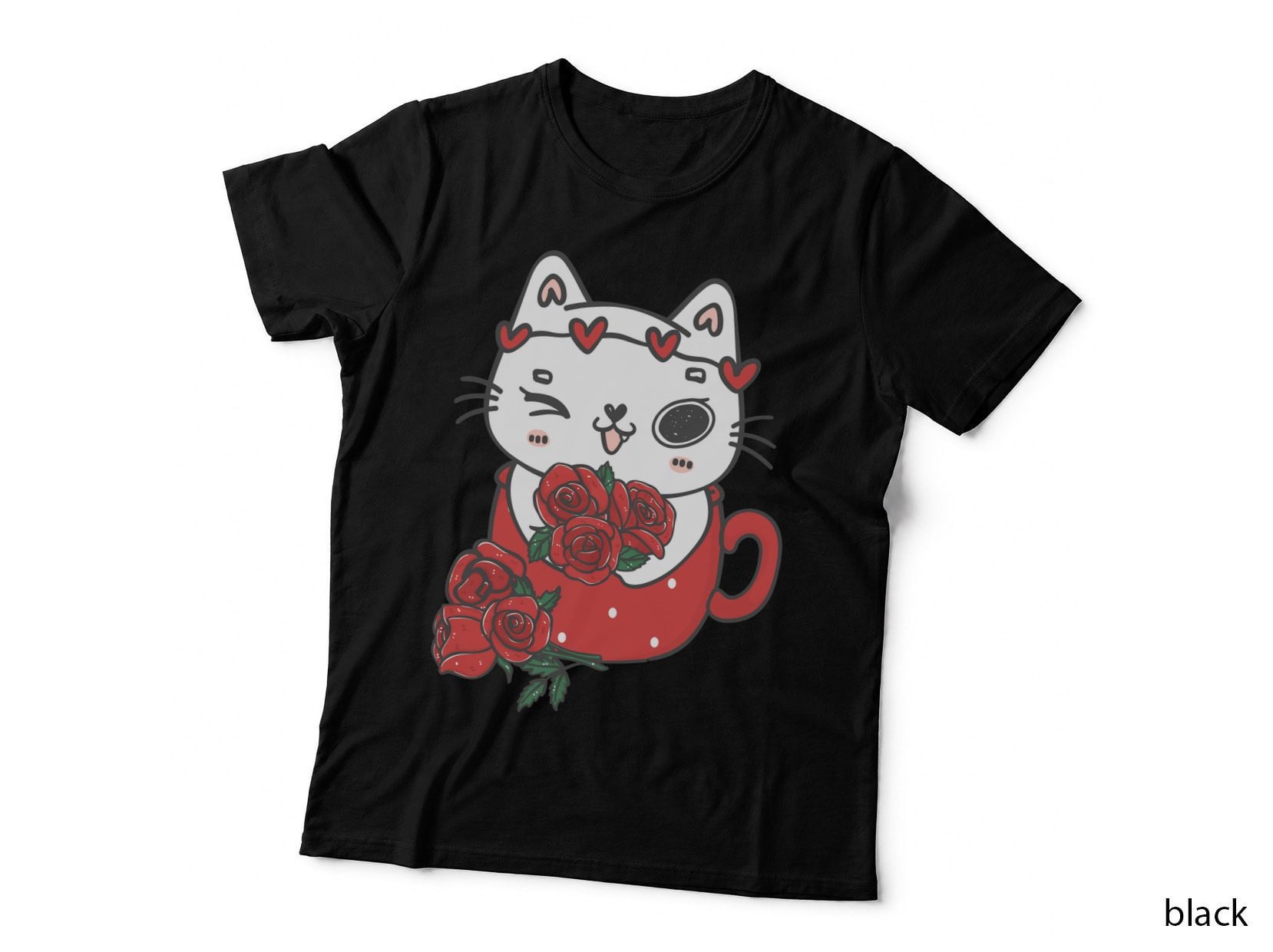 White Maneki-Neko Roses Lucky Cat Closed Eyes Red Hearts T-Shirt