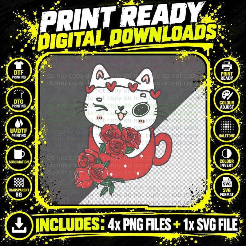 White Maneki-Neko Roses Lucky Cat Closed Eyes Red Hearts Png SVG Digital Bundle