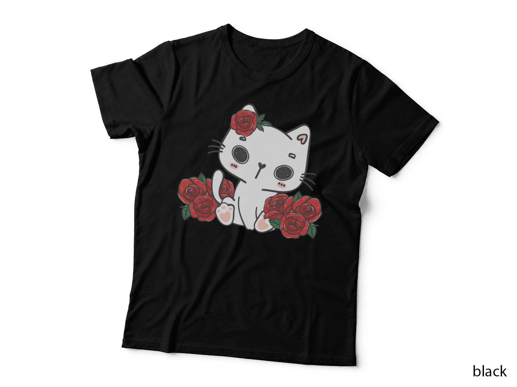 White Maneki-Neko Roses Lucky Cat Holding Striped Cup One Eye T-Shirt