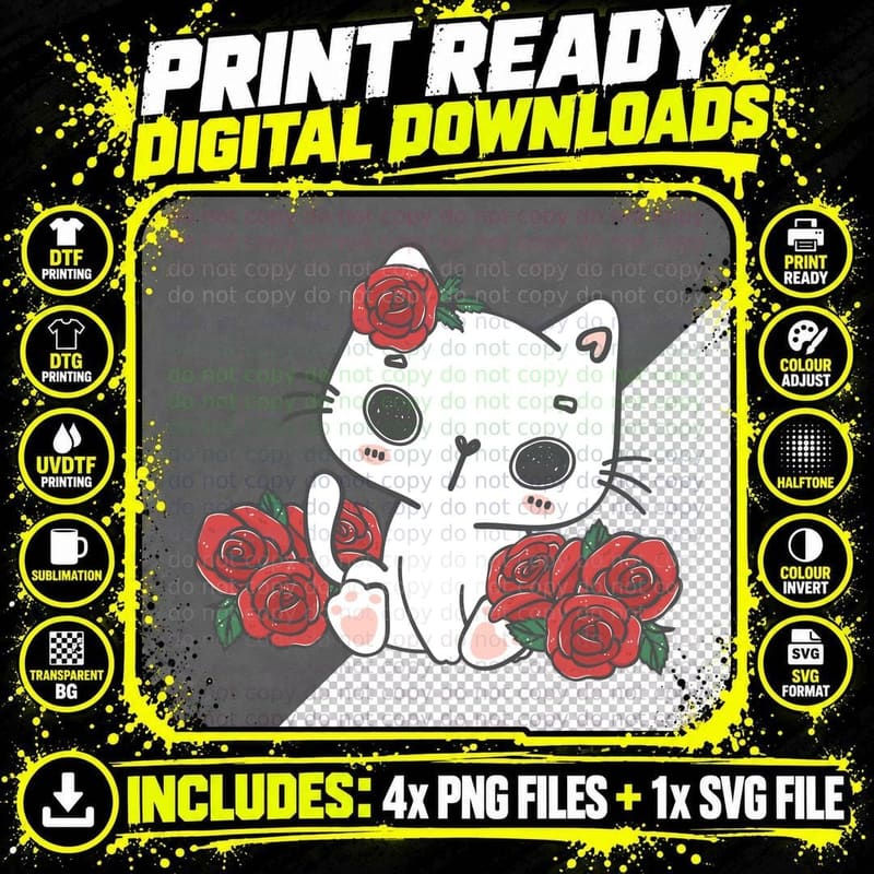 White Maneki-Neko Roses Lucky Cat Holding Striped Cup Png SVG Digital Bundle