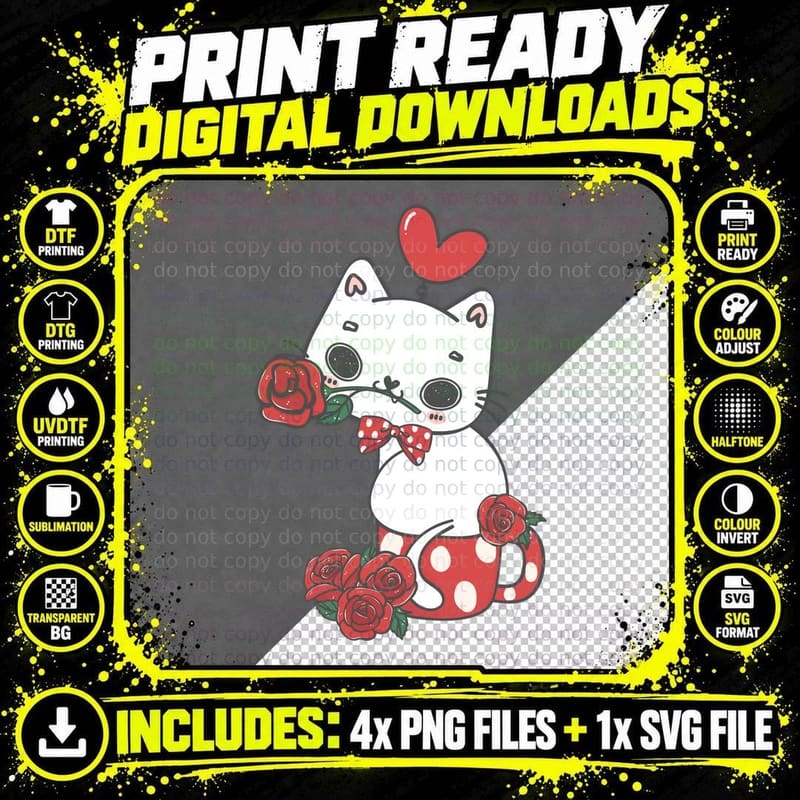 White Maneki-Neko Roses Lucky Cat with Flower Bow Polka Png SVG Digital Bundle
