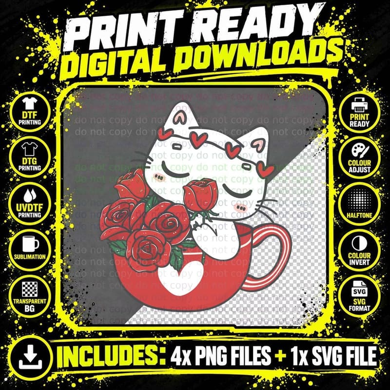 White Maneki-Neko Roses Lucky Cat with Hearts Red Cup Png SVG Digital Bundle