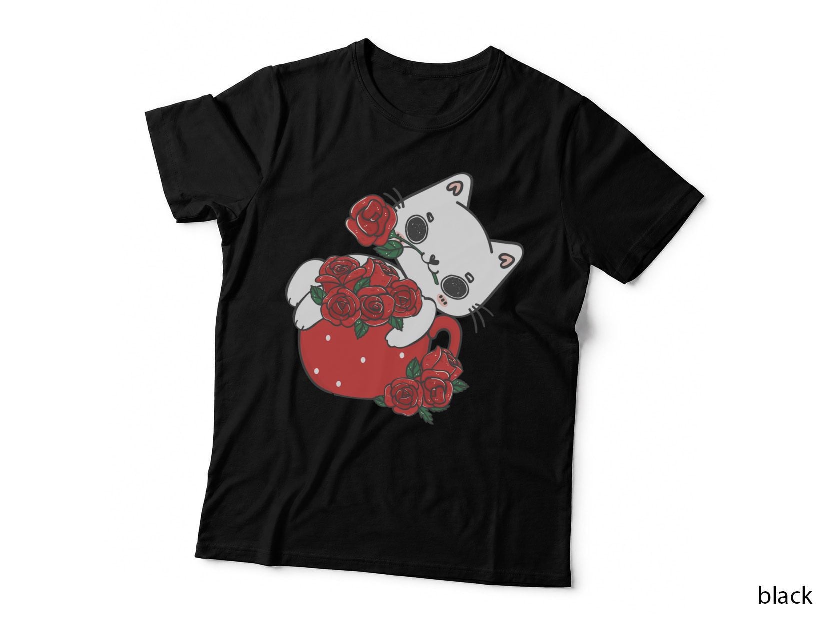White Maneki-Neko Roses Lucky Cat with Red Polka Dot Cup T-Shirt