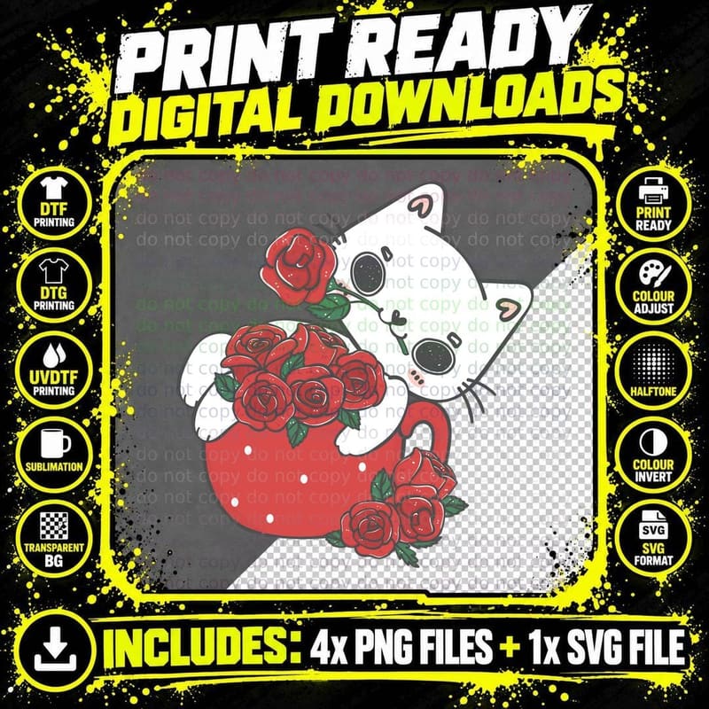 White Maneki-Neko Roses Lucky Cat with Red Polka Dot Cup Png SVG Digital Bundle