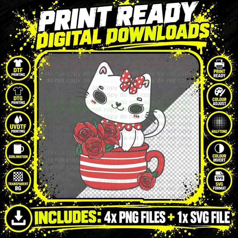 White Maneki-Neko Roses Lucky Cat with Red Striped Cup Png SVG Digital Bundle