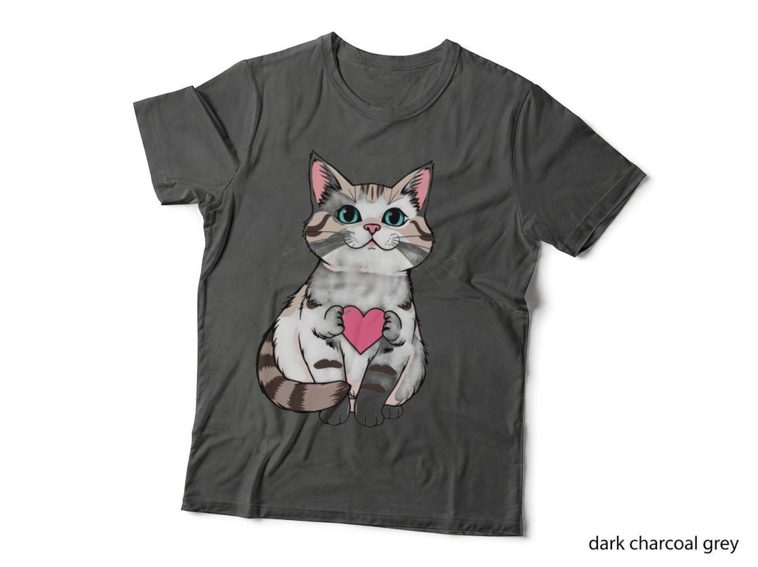 White Tabby Cat Heart and Brown Holding Pink T-Shirt