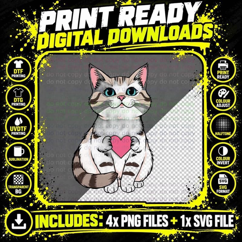 White Tabby Cat Heart and Brown Holding Pink T-Shirt Png SVG Digital Bundle