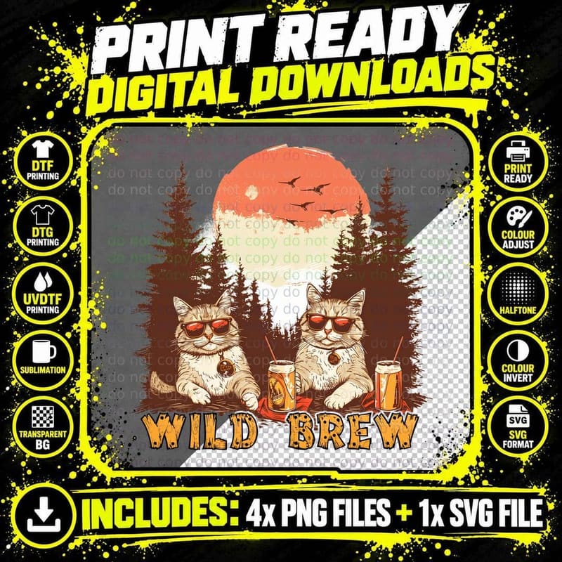 Wild Brew Cat T-Shirt, Cats in Sunglasses with Drinks Png SVG Digital Bundle