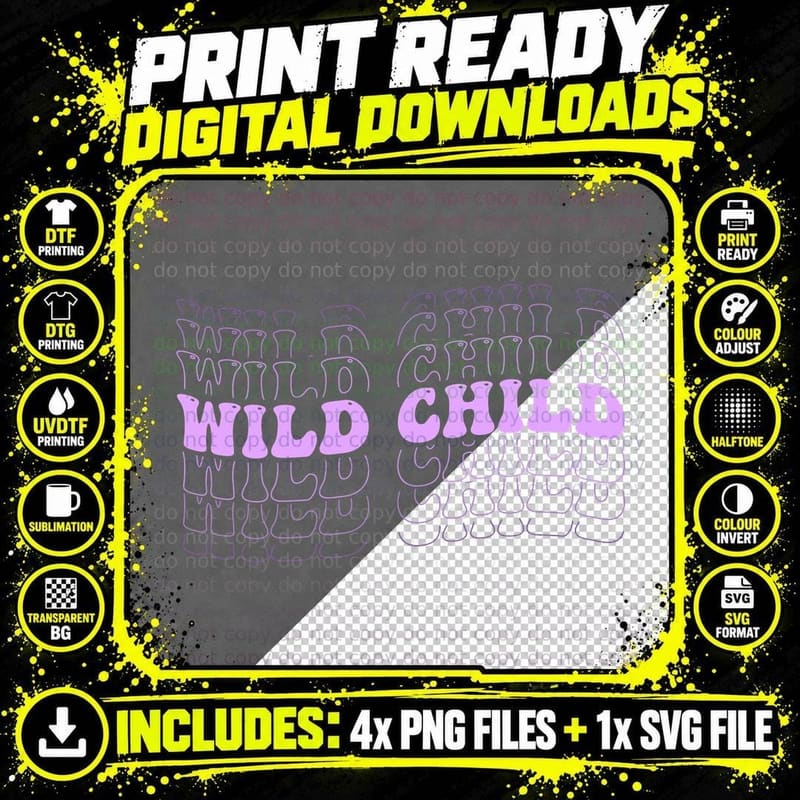 Wild Child Baby T-Shirt, Purple Bird Pattern on Gray Png SVG Digital Bundle