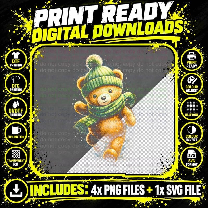 Winter Knit Scarf Bear T-Shirt, Halftone Cute Teddy Bear Png SVG Digital Bundle