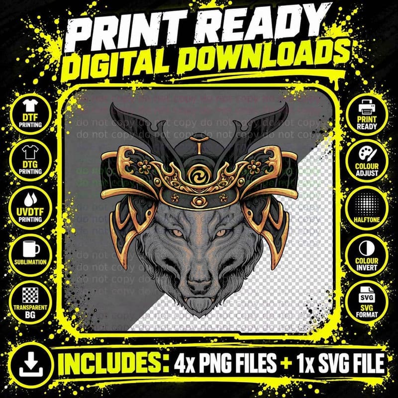 Wolf Crowned Head Ornate Golden Crown Horns T-Shirt Png SVG Digital Bundle