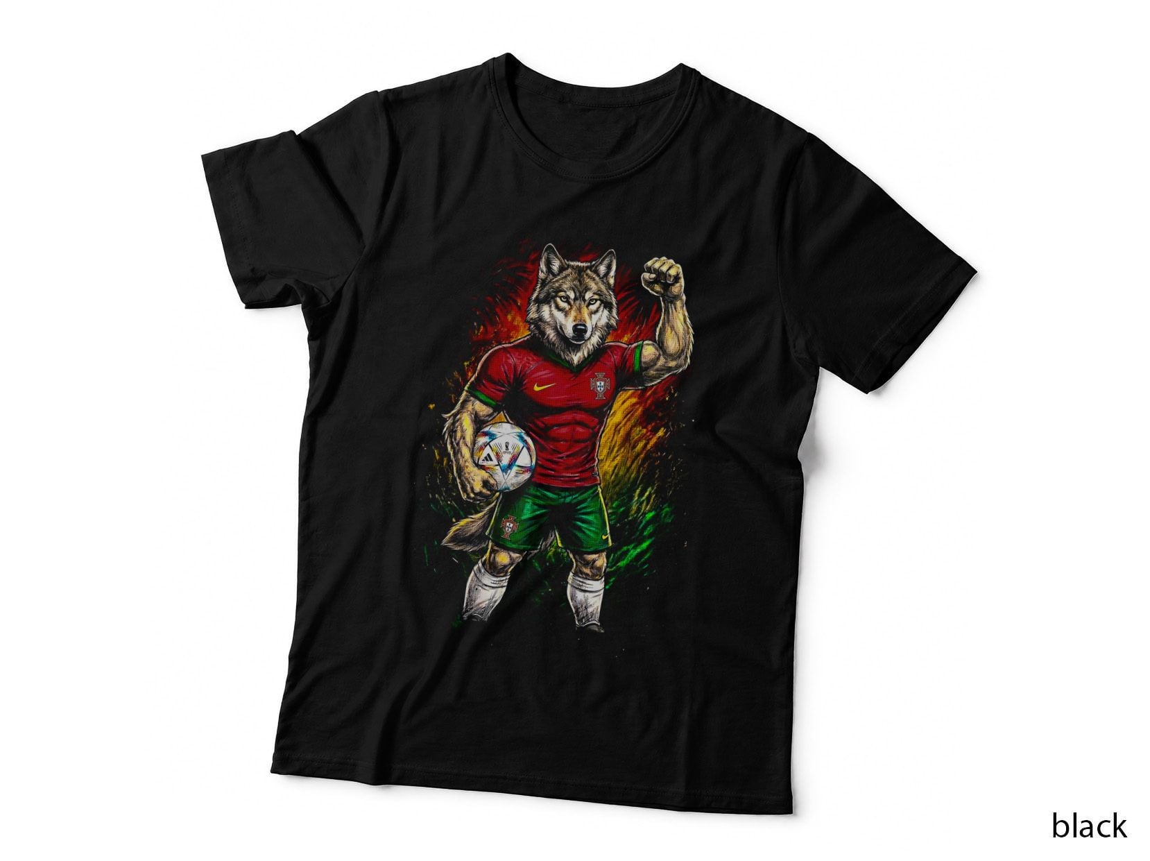 Wolf Footballer Mascot Distressed Splatter Red Green Portugal Kit Fist T-Shirt