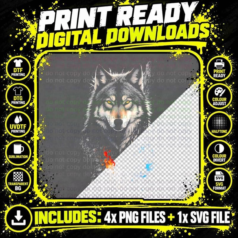 Wolf Head Blue Orange Splatter Distressed T-Shirt Png SVG Digital Bundle