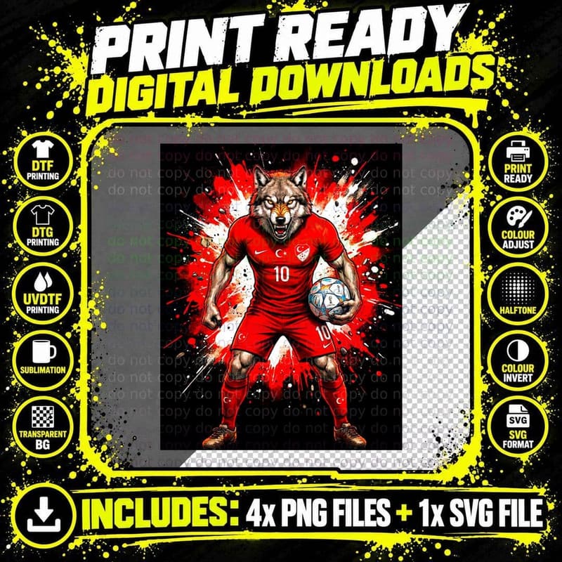 Wolf Headed Footballer Mascot Head Red Turkey Kit Number Png SVG Digital Bundle