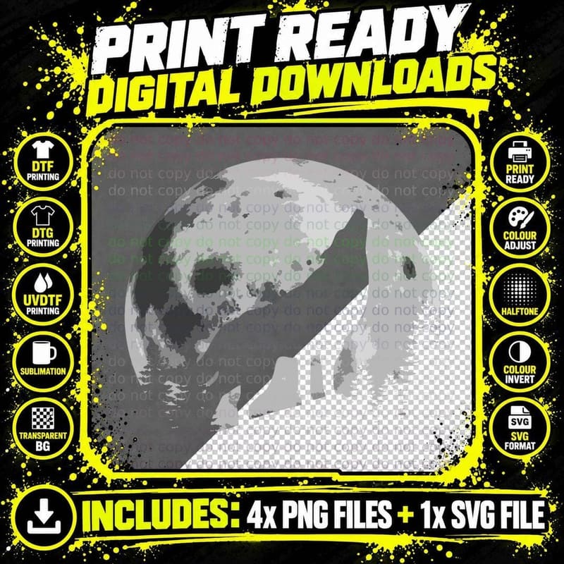 Wolf Howling at the Big Moon T-Shirt Png SVG Digital Bundle