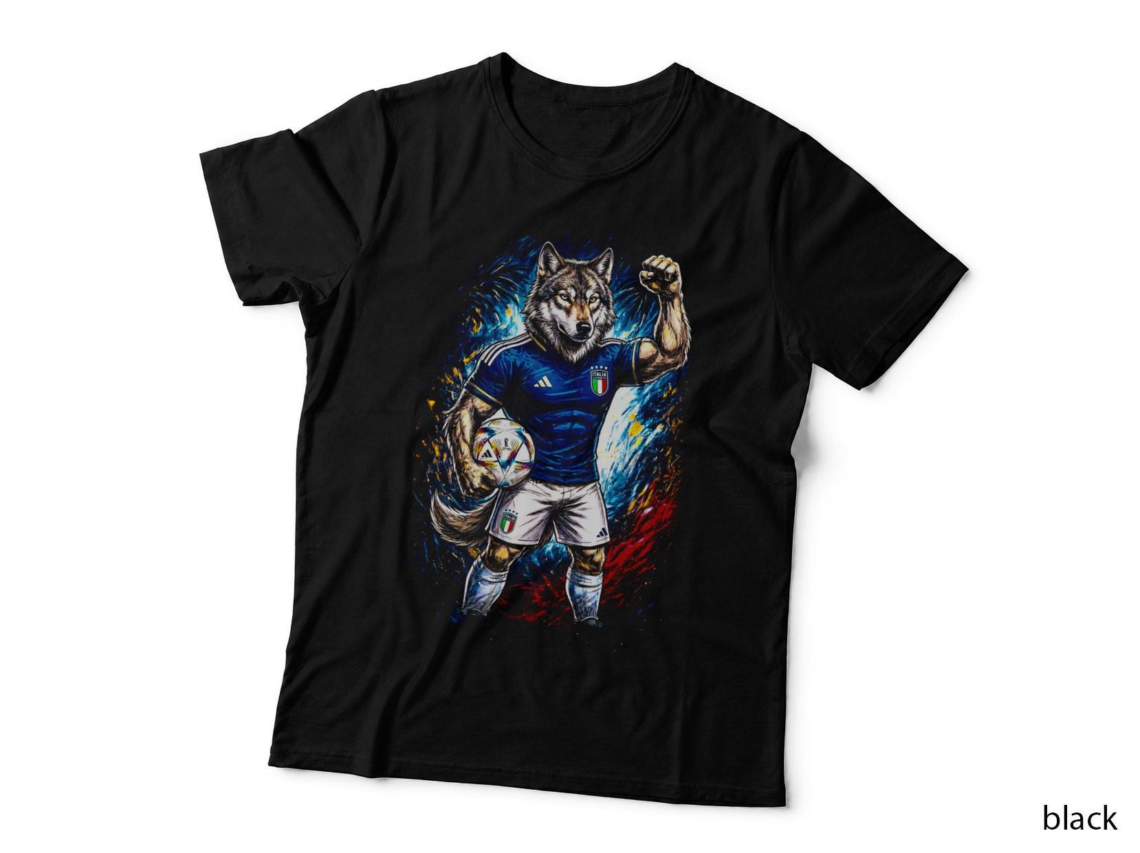 Wolf Mascot Footballer Blue Italy Kit Fist Raised Holding Ball Red Gold T-Shirt