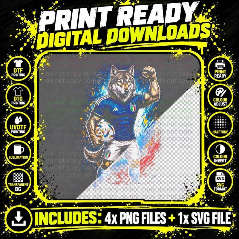 Wolf Mascot Footballer Blue Italy Kit Fist Raised Png SVG Digital Bundle