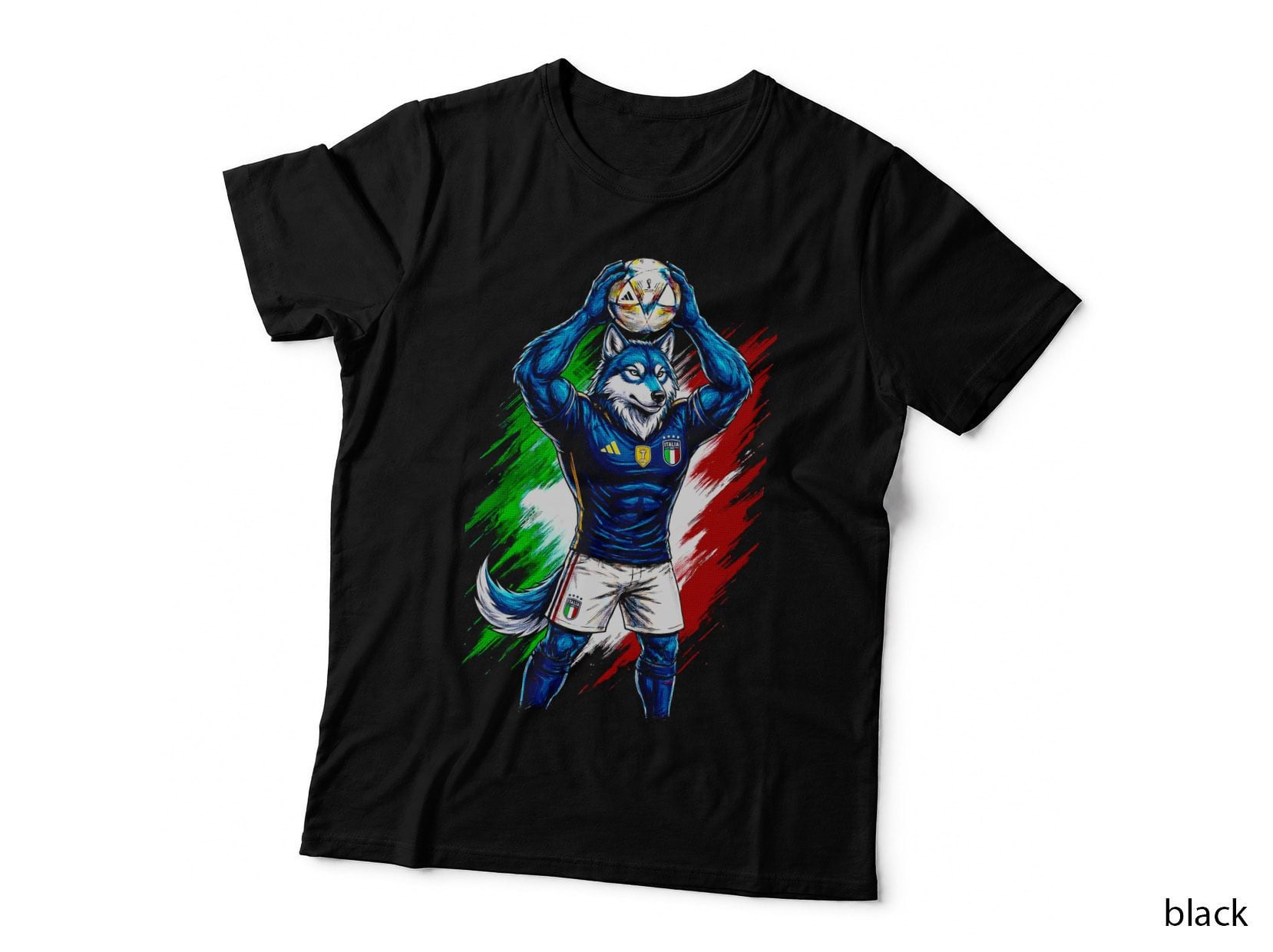 Wolf Mascot Footballer Blue Italy Kit Holding Ball Overhead Green White T-Shirt