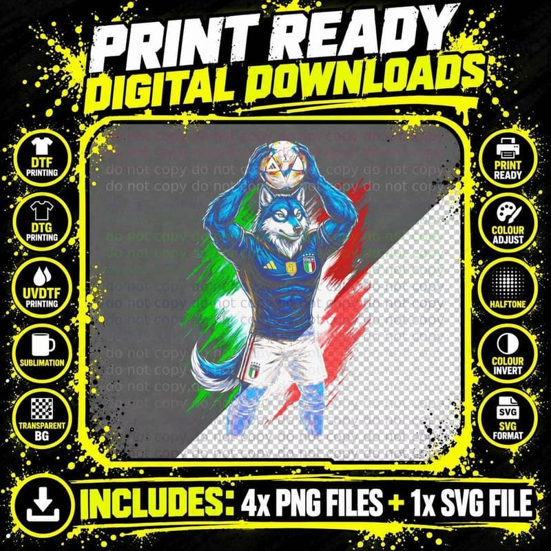 Wolf Mascot Footballer Blue Italy Kit Holding Ball Png SVG Digital Bundle