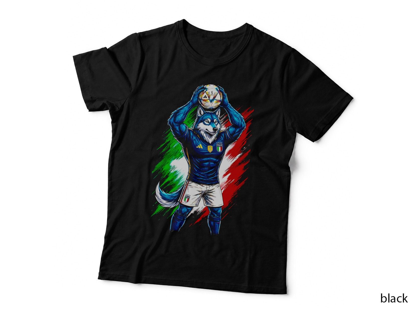 Wolf Mascot Head Footballer Blue Jersey Holding Ball Overhead T-Shirt