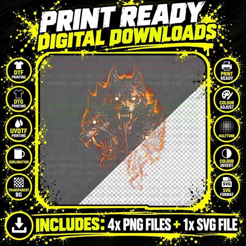 Wolf Pack T-Shirt, Halftone Four Wolves Fire Graphic Tee Png SVG Digital Bundle