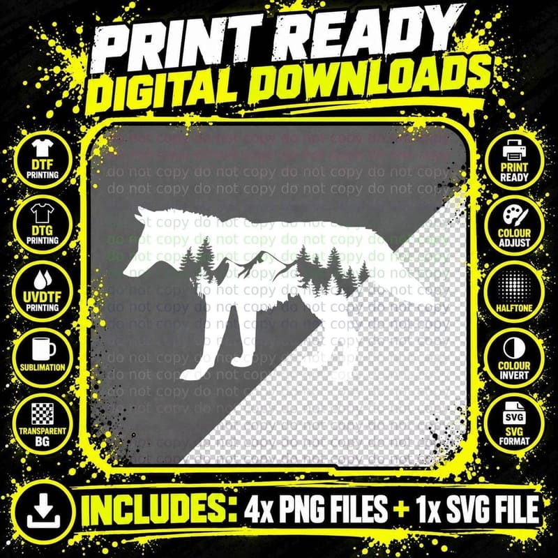 Wolf Silhouette with Forest and Mountains T-Shirt Png SVG Digital Bundle