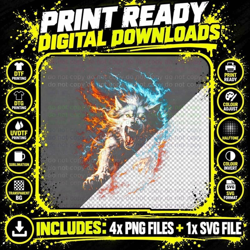 Wolf T-Shirt, Halftone Fire and Ice Wolf Graphic Tee Png SVG Digital Bundle