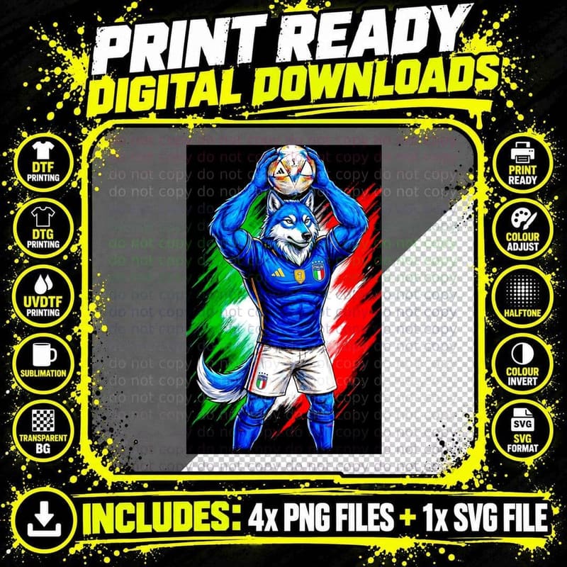 Wolf White Grey Mascot Blue Italy Jersey Holding Ball Png SVG Digital Bundle