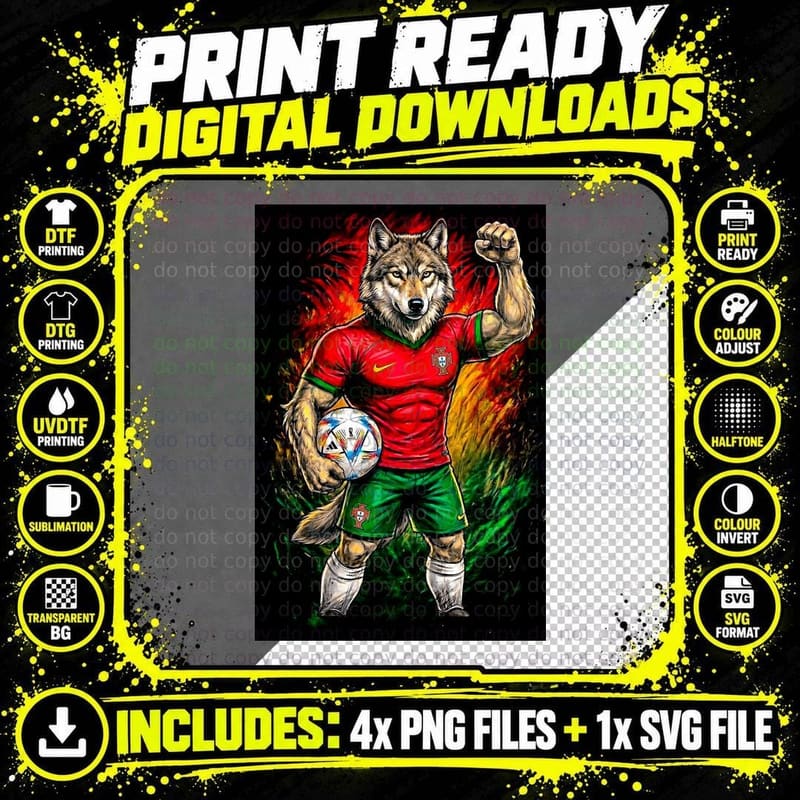 Wolf-Headed Footballer Grey Wolf Head Red Green Kit Fist Png SVG Digital Bundle
