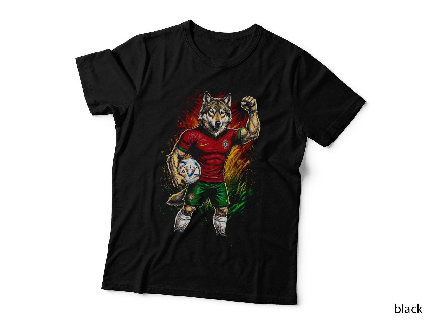 Wolf-Headed Portugal Footballer Grey Wolf Head Red Green Kit Fist Raised T-Shirt