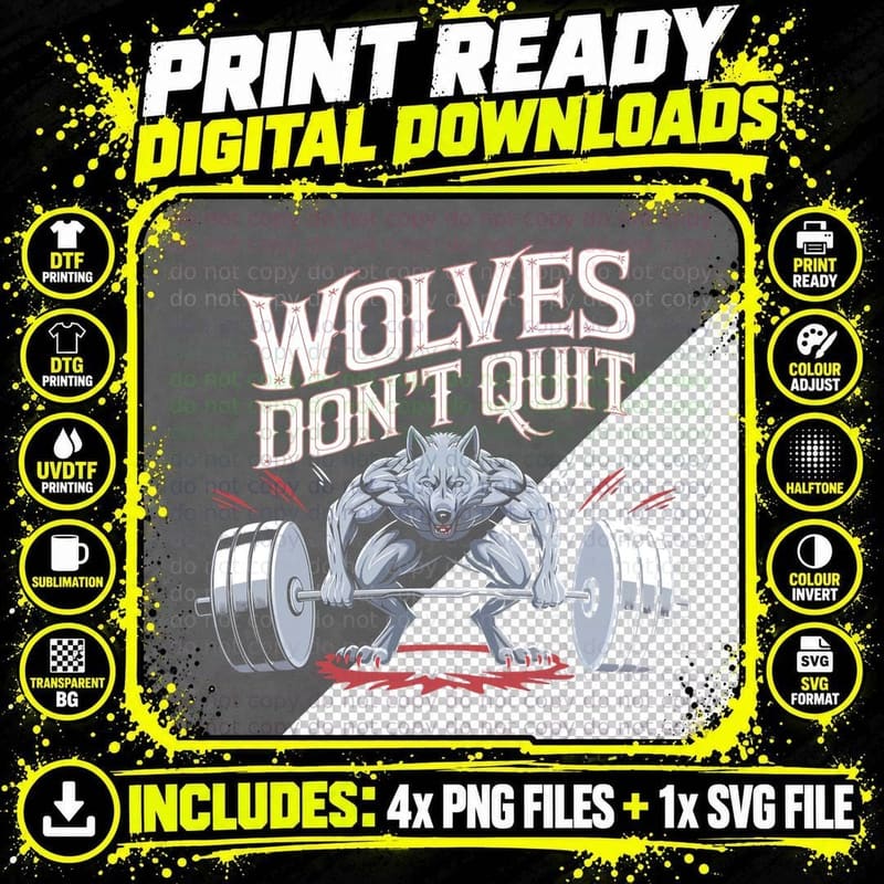 Wolves Don't Quit Blue White Wolf Muscular Dumbbell Png SVG Digital Bundle