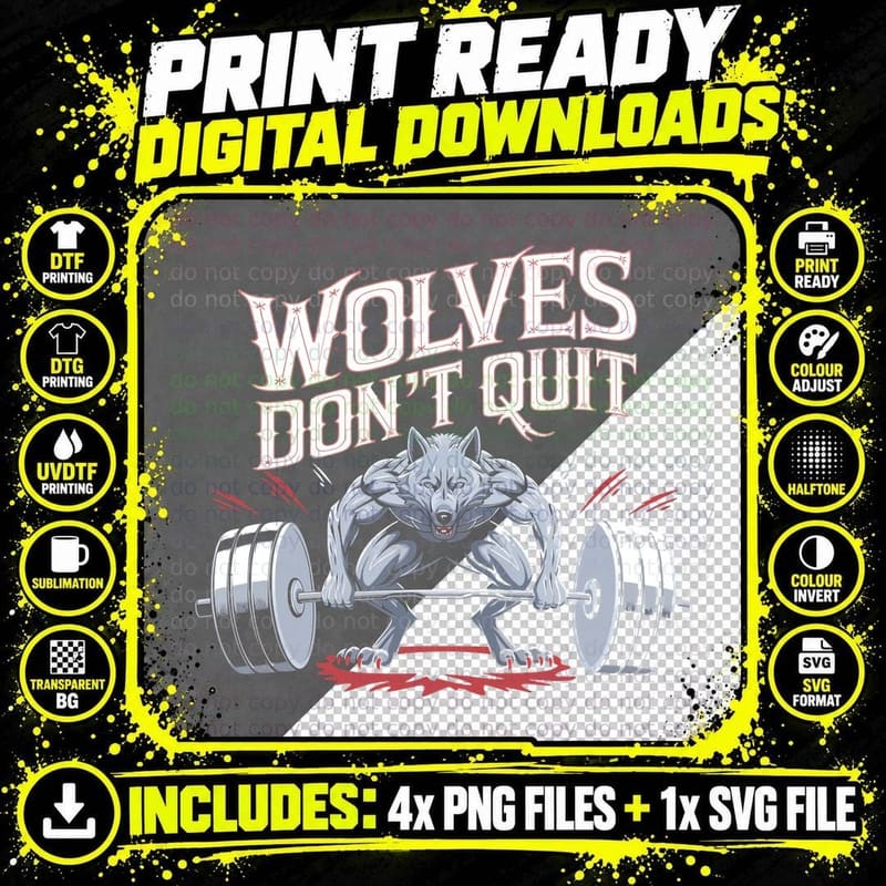 Wolves Don't Quit Wolf Dumbbell Motivational Gray Beast Png SVG Digital Bundle