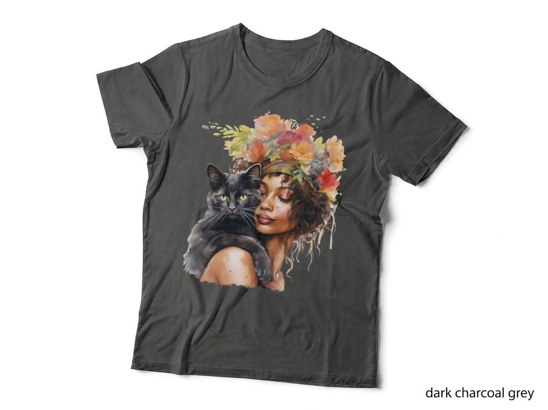 Woman with Cat and Floral Crown Cat T-Shirt, Cat Graphic Tee, Cute Cat Shirt